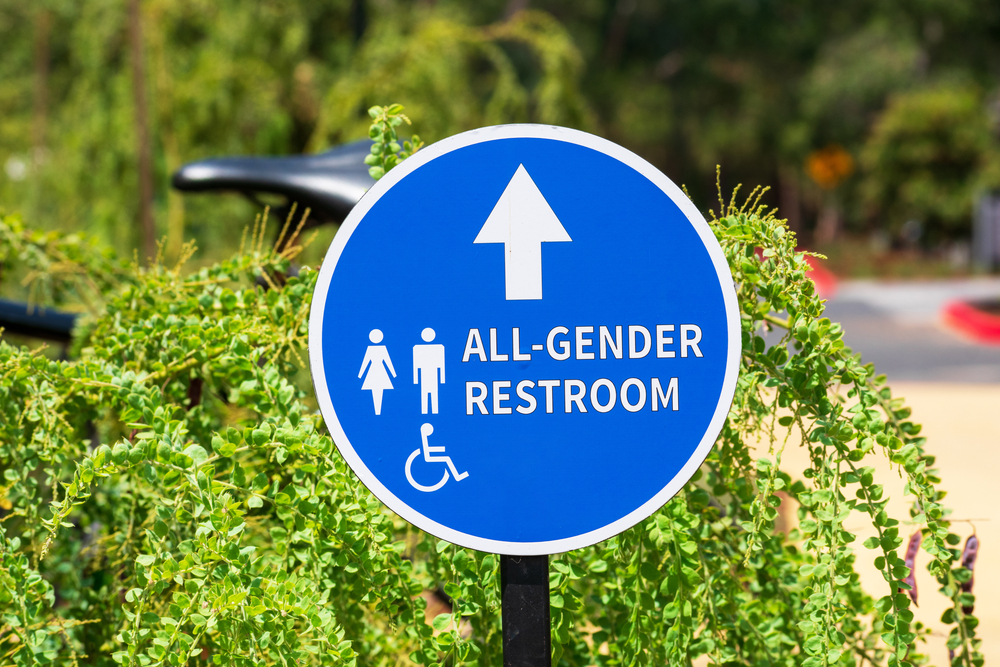 All,Gender,Restroom,Outdoor,Sign,With,Directional,Arrow.,Ada,Compliant